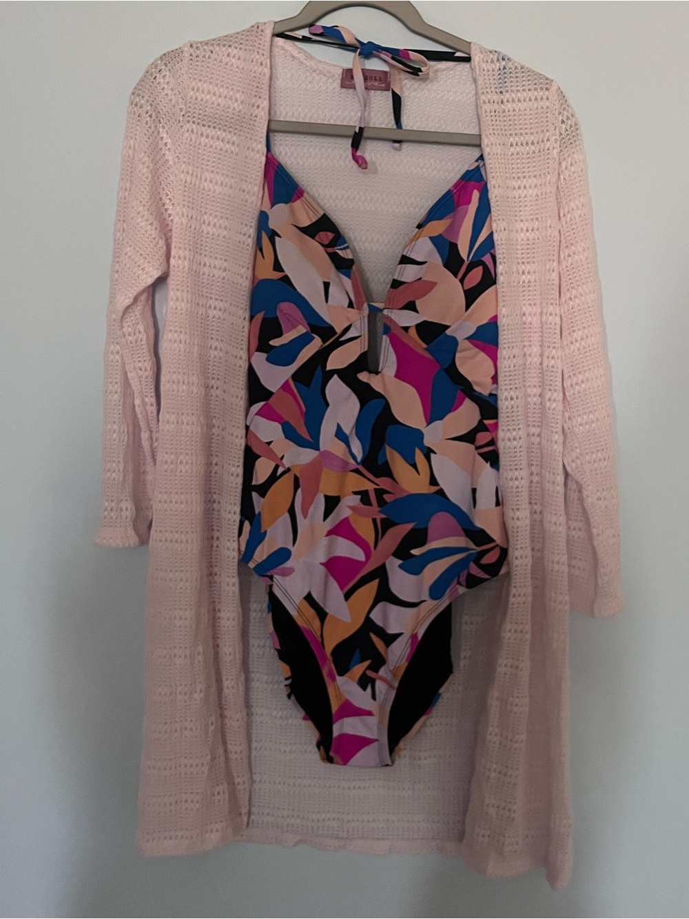 Sugar Beach Multicolor Abstract One-Piece Swimsuit with Pink Crochet Cover-Up